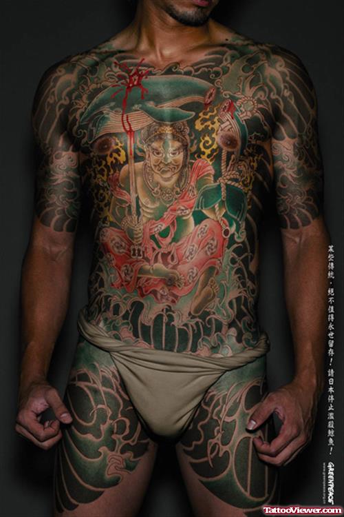 Awesome Colored Traditional Japanese Tattoo On Body