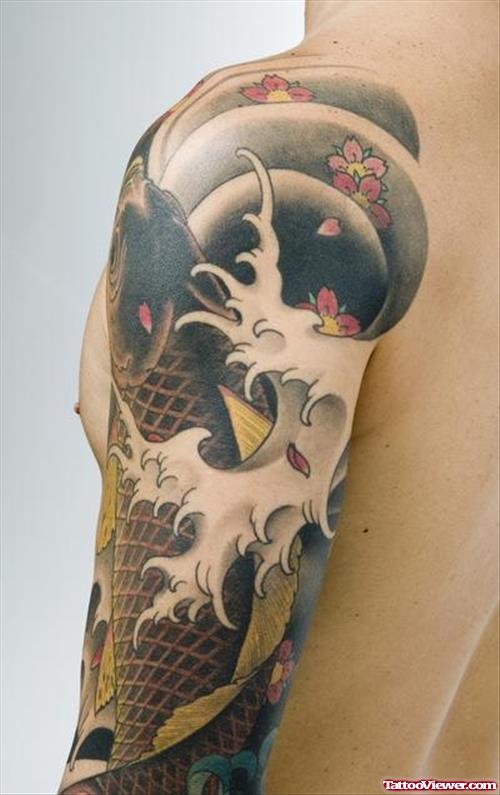 Amazing Colored Japanese Tattoo On Left Half Sleeve