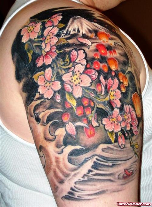 Traditional Japanese Flowers Tattoo On Half Sleeve