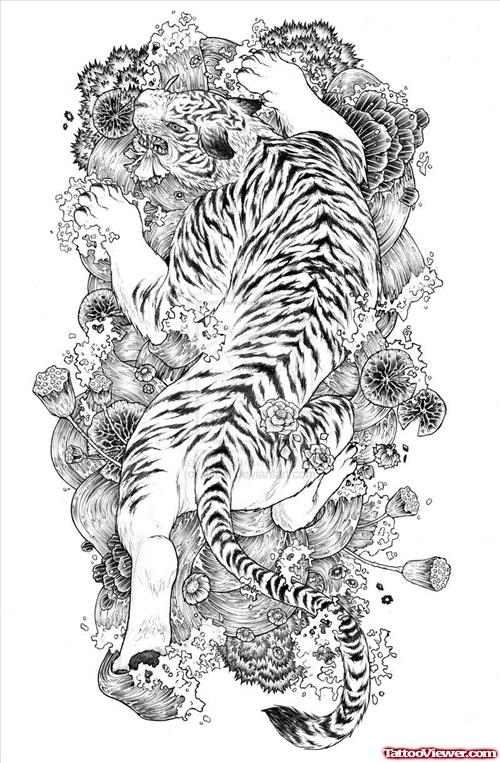 Japanese Flowers and Tiger Tattoo Design