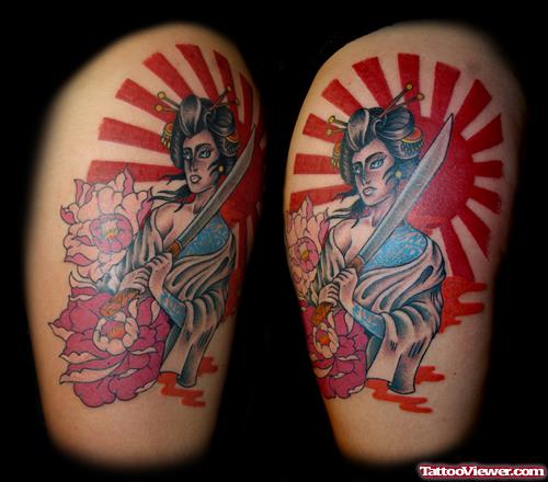 Red Sun And Japanese Geisha With Tattoo On Half Sleeve