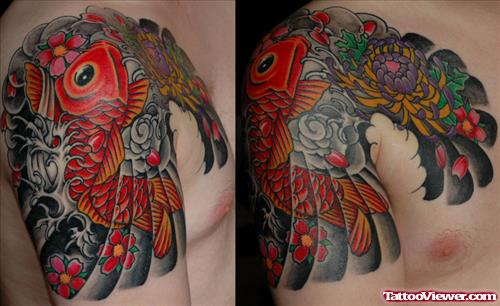 Japanese Flowers And Koi Fish Tattoo On Right Shoulder