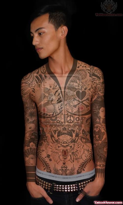 Grey Ink Japanese Tattoo On Guy Full Body