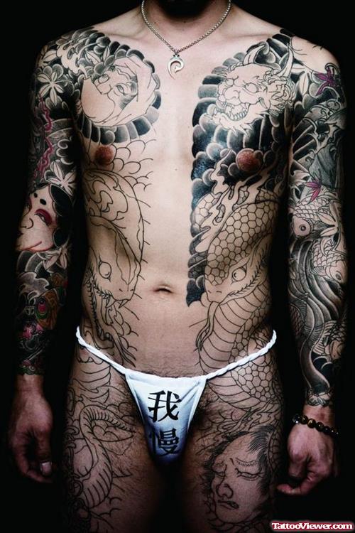 Grey Ink Japanese Tattoo On Body