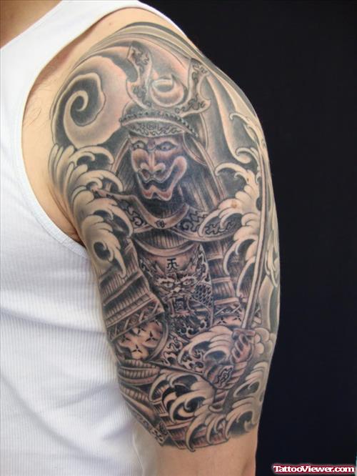 Grey Ink Japanese Samurai Tattoo On Left Half Sleeve For Men