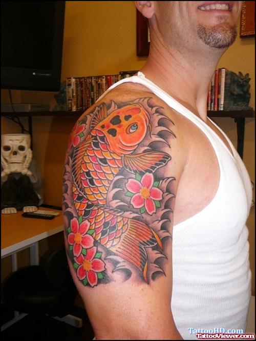 Cherry Blossom Flowers and Japanese Koi Tattoo On Right Half Sleeve