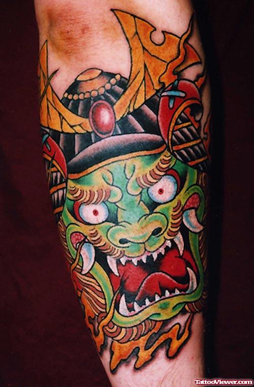 Amazing Colored Japanese Demon Head Tattoo