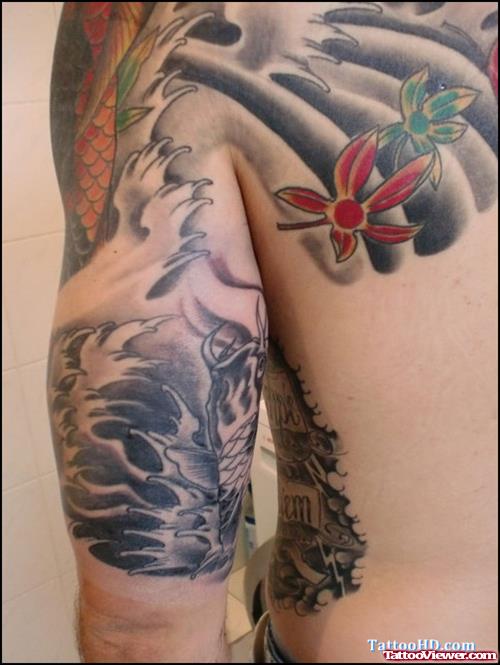 Japanese Tattoo On Bicep And Back Shoulder