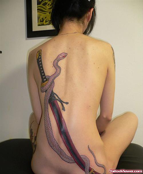 Japanese Snake With Dagger Tattoo On Back