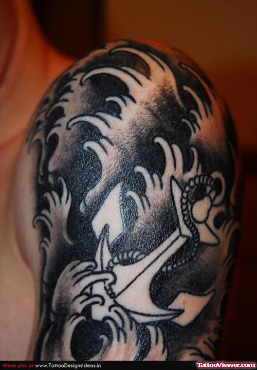 Grey Ink Japanese Japanese Tattoo On Left Shoulder