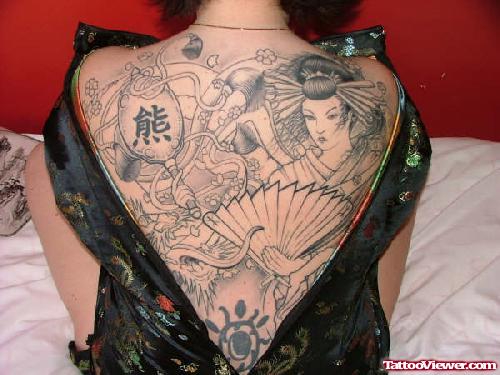 Grey Ink Japanese Geisha Tattoo On Back Body