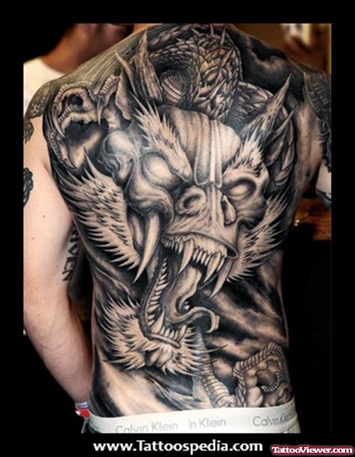 Grey Ink Japanese Dragon Tattoo On Back