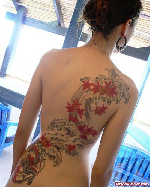 Color Leaves Japanese Tattoo On Back
