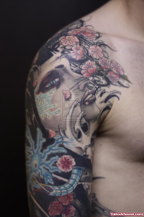 Color Japanese Tattoo On Right Half Sleeve