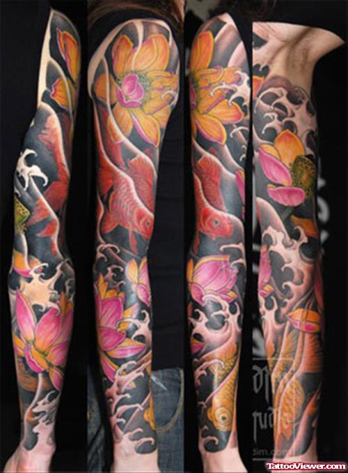 Color Ink Japanese Tattoo On Full Sleeve