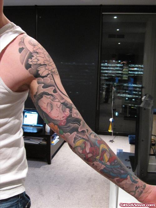 Color Ink Demon Japanese Tattoo On Sleeve