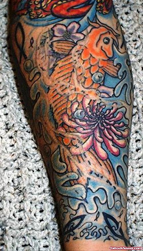 Color Flowers And Koi Japanese Tattoo On Leg