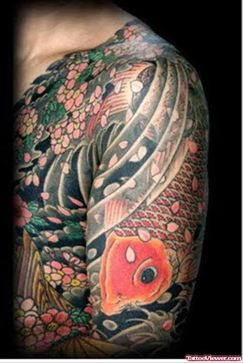 Amazing Japanese Flowers and Koi Tattoo On Half Sleeve