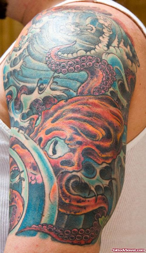Amazing Color Ink Japanese Tattoo On Man Left Half Sleeve