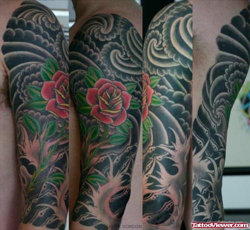 Red Rose And Japanese Tattoos On Full Sleeve