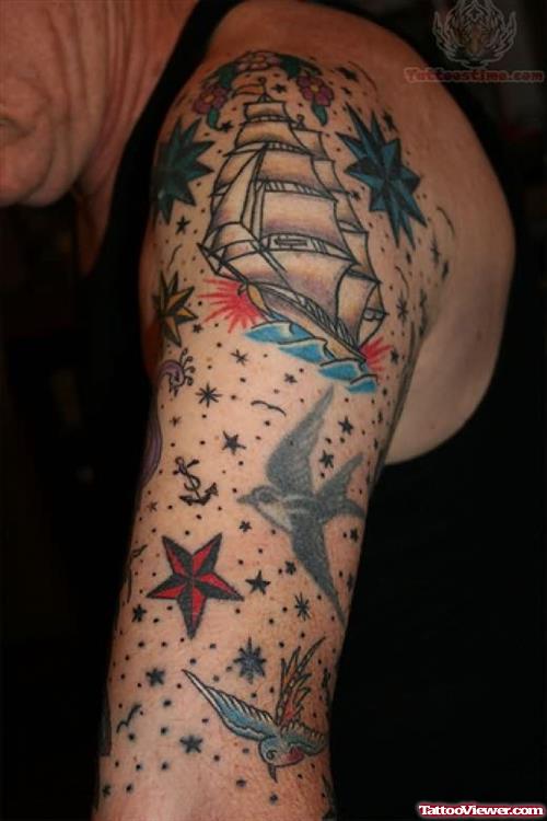 Red Nautical Stars and Japanese Ship Tattoo On Left Half Sleeve