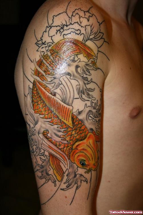 Outline Flowers And Koi Fish Japanese Tattoo On Right Half Sleeve