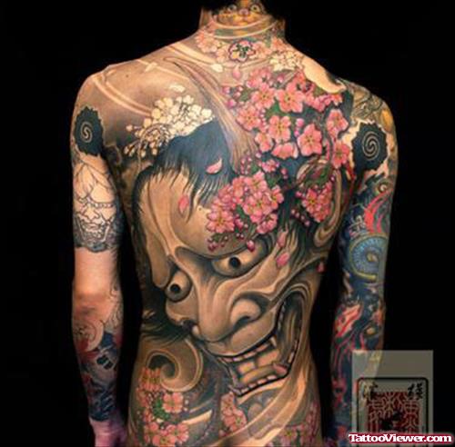 Grey Ink Hanya Japanese And Flowers Tattoo On Back