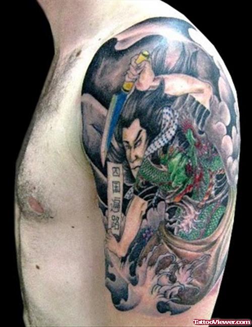 Colored Japanese Samurai Tattoo On Left Half Sleeve