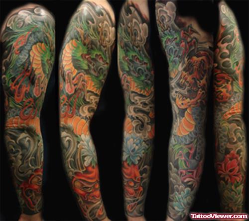 Colored Flowers And Dragon Japanese Tattoo On Sleeve
