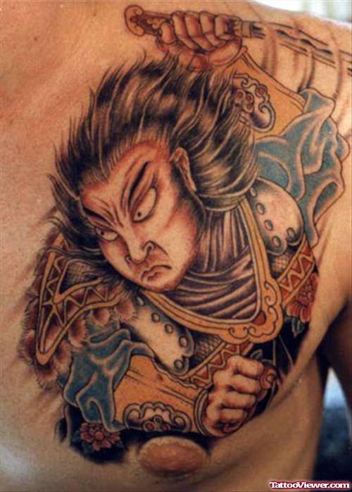 Color Ink Japanese Tattoo On Man Chest