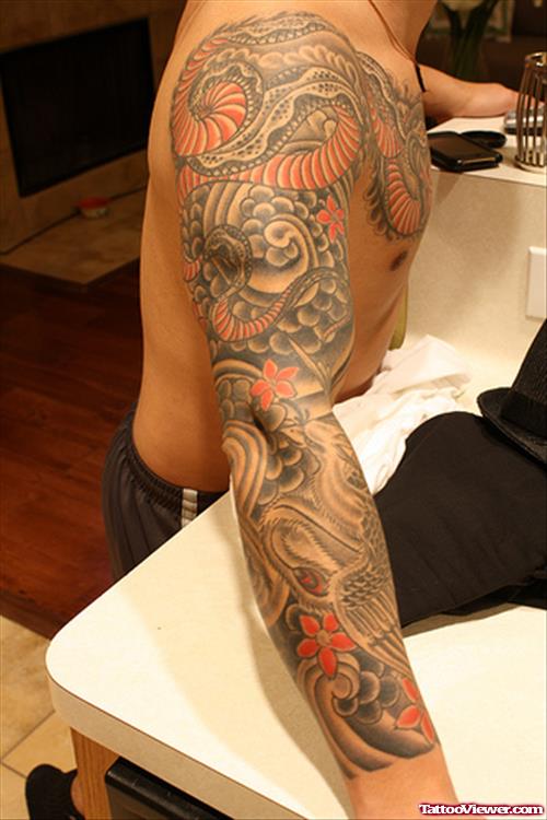Awesome Grey Ink Japanese Tattoo On Right Sleeve