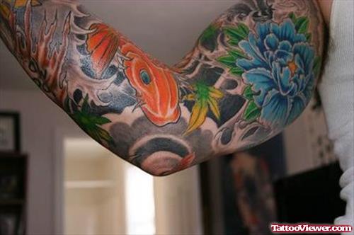 Quality Colored Japanese Tattoo On Man Full Sleeve
