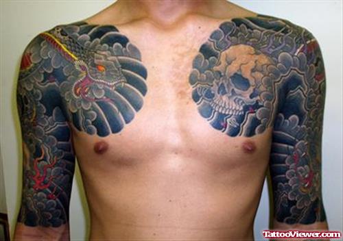 Japanese Tattoos On Man Chest And Half Sleeve