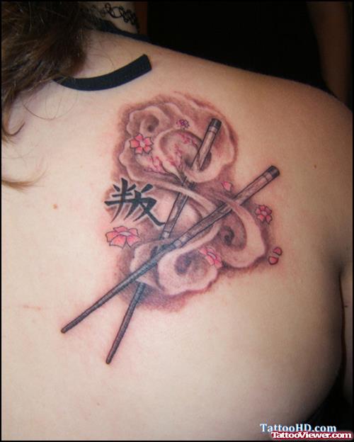 Japanese Symbol and Flowers Tattoo On Right Back Shoulder