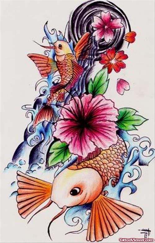 Japanese Flowers And Koi Fish Tattoos Designs