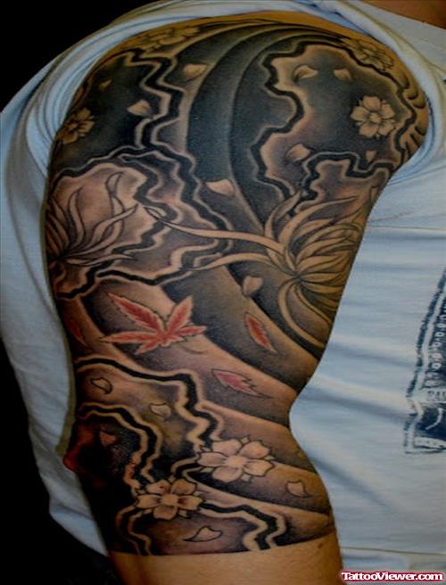 Grey Ink Japanese Sleeve Tattoo On Right Half Sleeve