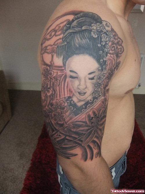 Grey Ink Japanese Geisha Tattoo On Right Half Sleeve