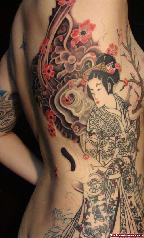 Grey Ink Flowers And Geisha Japanese Tattoo On Side