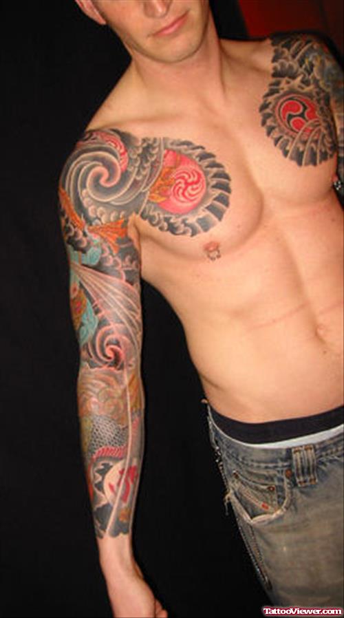 Colored Japanese Tattoo On Sleeve And Chest