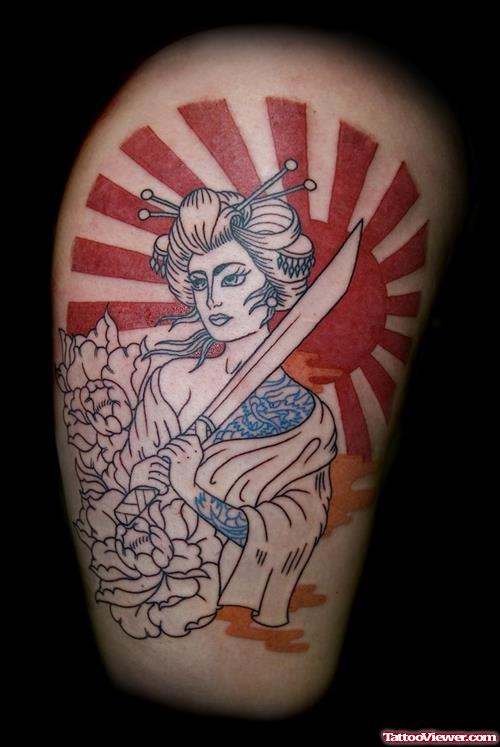 Color Ink Geisha Tattoo On Half Sleeve