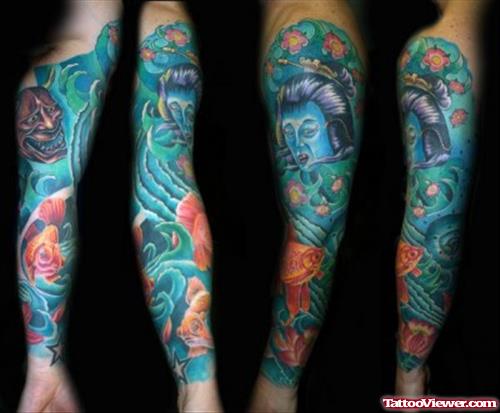 Awesome Colored Japanese Tattoo On Full Sleeve
