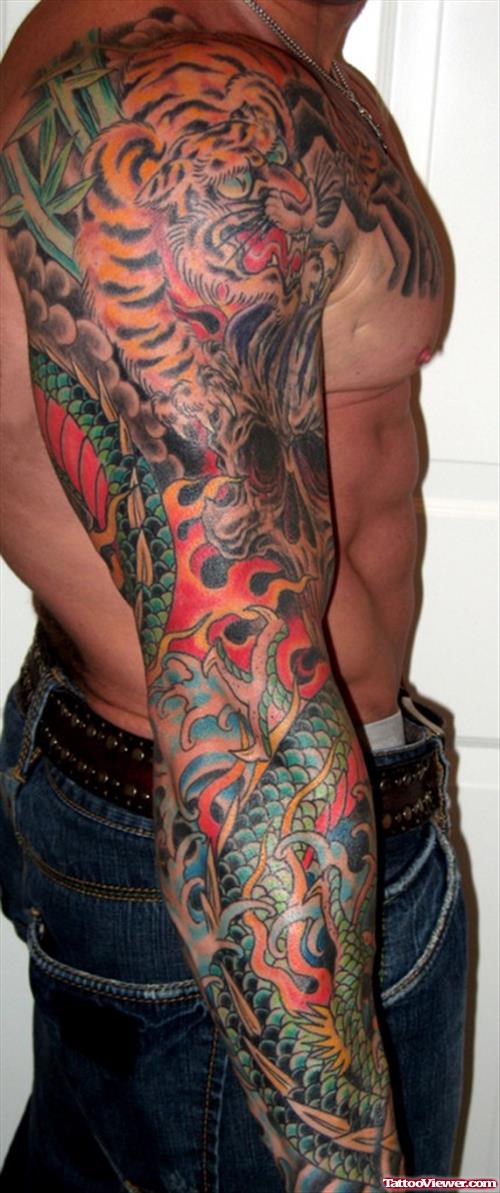 Attractive Colored Japanese Tattoo On Man Right Sleeve