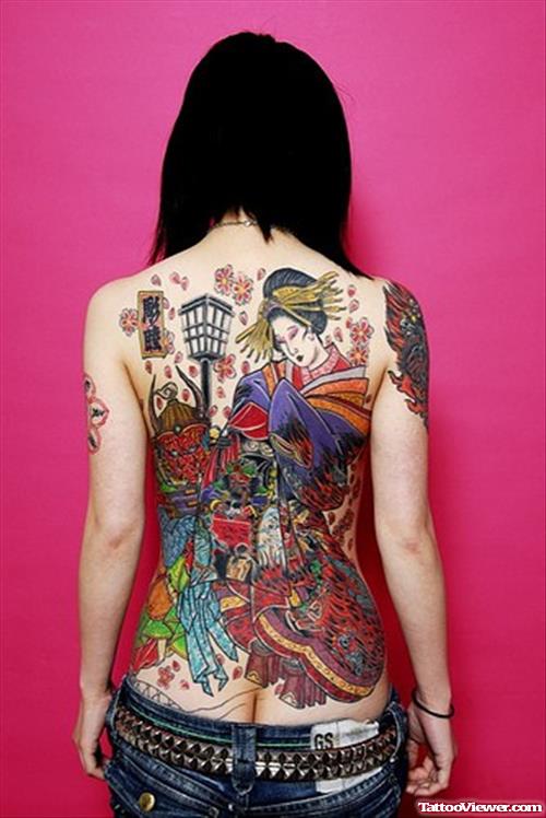Attractive Colored Japanese Tattoo On Girl Back