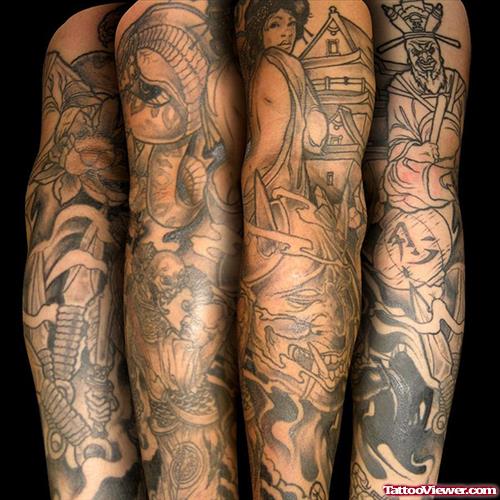 Amazing Grey Ink Japanese Tattoo On Man Full Sleeve