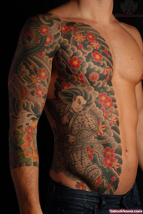 Japanese Tattoo On Side Rib and Right Sleeve
