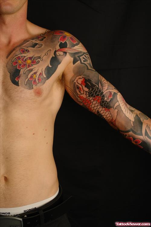 Japanese Dragon Tattoo On Chest and Left Sleeve