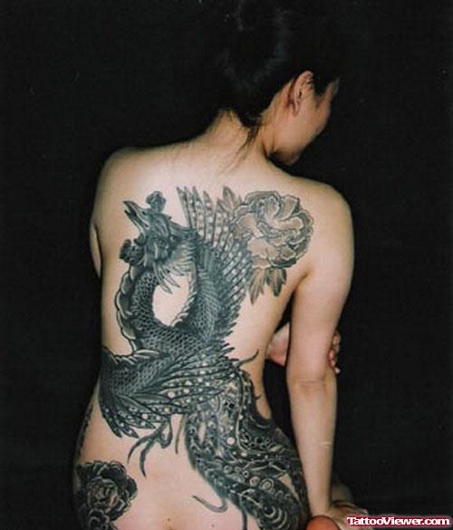 Grey Ink Phoenix Japanese Tattoo On Back