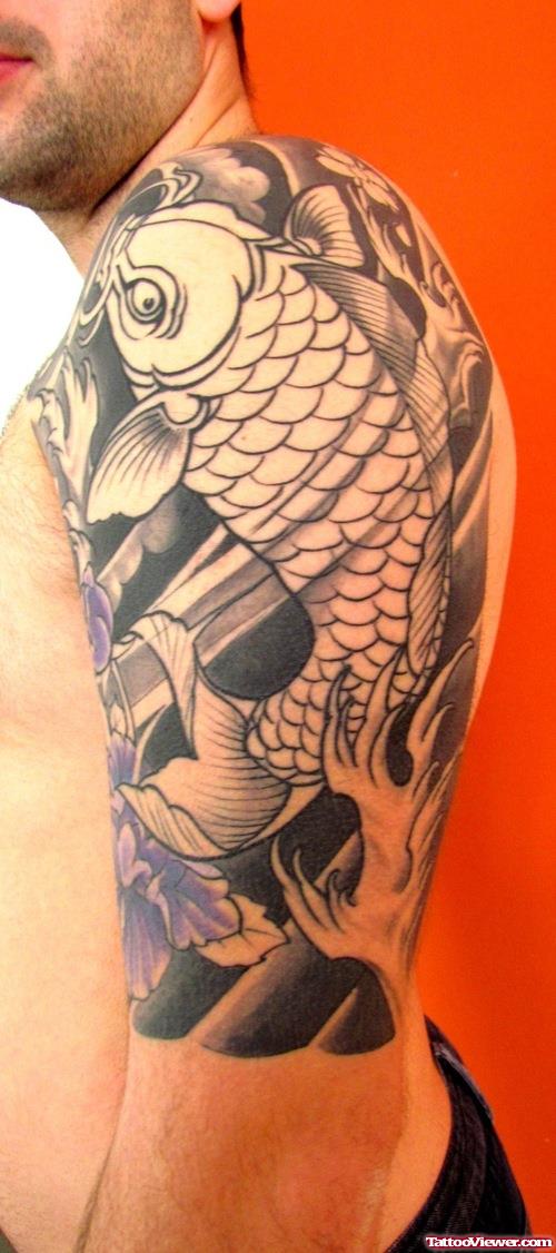 Grey Ink Japanese Tattoo On Man Left Half Sleeve