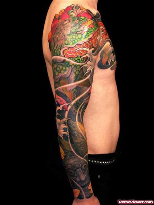 Colored Koi Japanese Tattoo On Man Right Sleeve