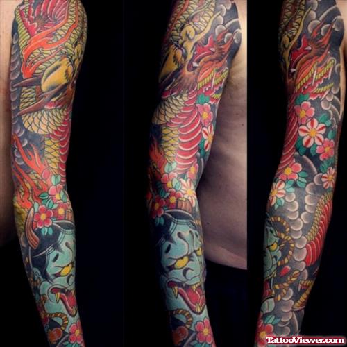 Beautiful Colored Japanese Tattoo On Full Sleeve